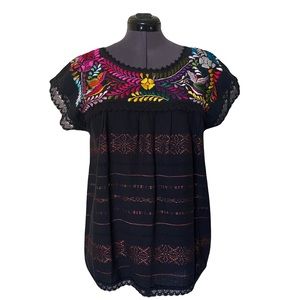 Authentic Mexican Hand Embroidered Top Doves Short Sleeve Chiapas Huipil
